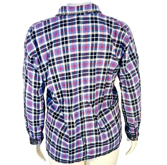 Loobies Story Flannel Shirt Womens S Light Blue Black Sequined Deep V-Neck - Picture 5 of 11